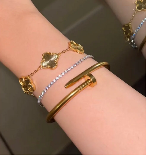 Cartier Nail Bangle With Golden Clover & Silver Tennis Bracelet