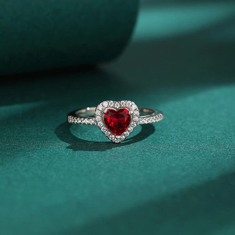 Red Heart Diamond Adjustable Ring With Box