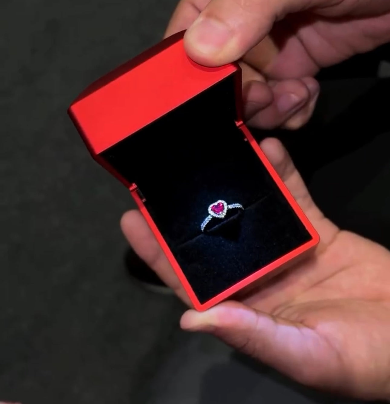 Red Heart Diamond Adjustable Ring With Box