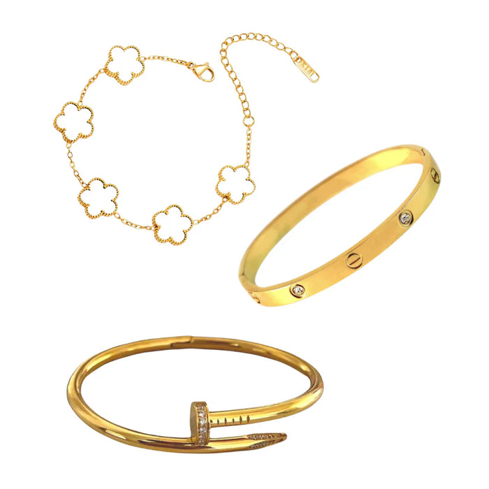 Cartier Love & Nail Bangle With White Clover Bracelet Stack Trio set